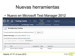 Nuevas herramientas
 • Nuevo en Microsoft Test Manager 2012




Madrid, 4th-7th of June 2012
 