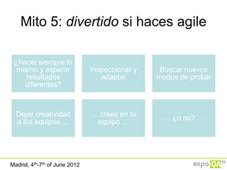Mito 5: divertido si haces agile

 ¿hacer siempre lo
 mismo y esperar               Inspeccionar y    Buscar nuevos
    resultados                    adaptar       modos de probar
    diferentes?



  Dejar creatividad            … crees en tu
                                                 … ¿o no? …
  a los equipos …               equipo …




Madrid, 4th-7th of June 2012
 