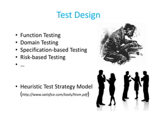 Test Design
• Function Testing
• Domain Testing
• Specification-based Testing
• Risk-based Testing
• …
• Heuristic Test Strategy Model
(http://www.satisfice.com/tools/htsm.pdf)
 