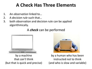 A Check Has Three Elements
1. An observation linked to…
2. A decision rule such that…
3. both observation and decision rule can be applied
algorithmically.
A check can be performed
by a human who has been
instructed not to think
(and who is slow and variable)
by a machine
that can’t think
(but that is quick and precise)
 