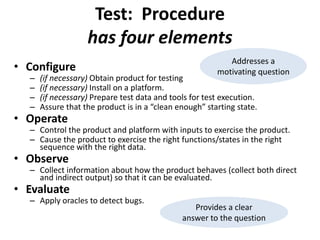 Test: Procedure
has four elements
• Configure
– (if necessary) Obtain product for testing
– (if necessary) Install on a platform.
– (if necessary) Prepare test data and tools for test execution.
– Assure that the product is in a “clean enough” starting state.
• Operate
– Control the product and platform with inputs to exercise the product.
– Cause the product to exercise the right functions/states in the right
sequence with the right data.
• Observe
– Collect information about how the product behaves (collect both direct
and indirect output) so that it can be evaluated.
• Evaluate
– Apply oracles to detect bugs.
Addresses a
motivating question
Provides a clear
answer to the question
 