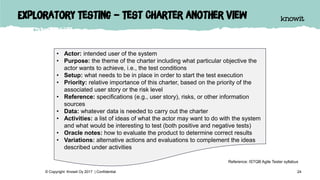 Exploratory Testing – Test Charter another view
24© Copyright Knowit Oy 2017 | Confidential
• Actor: intended user of the system
• Purpose: the theme of the charter including what particular objective the
actor wants to achieve, i.e., the test conditions
• Setup: what needs to be in place in order to start the test execution
• Priority: relative importance of this charter, based on the priority of the
associated user story or the risk level
• Reference: specifications (e.g., user story), risks, or other information
sources
• Data: whatever data is needed to carry out the charter
• Activities: a list of ideas of what the actor may want to do with the system
and what would be interesting to test (both positive and negative tests)
• Oracle notes: how to evaluate the product to determine correct results
• Variations: alternative actions and evaluations to complement the ideas
described under activities
Reference: ISTQB Agile Tester syllabus
 
