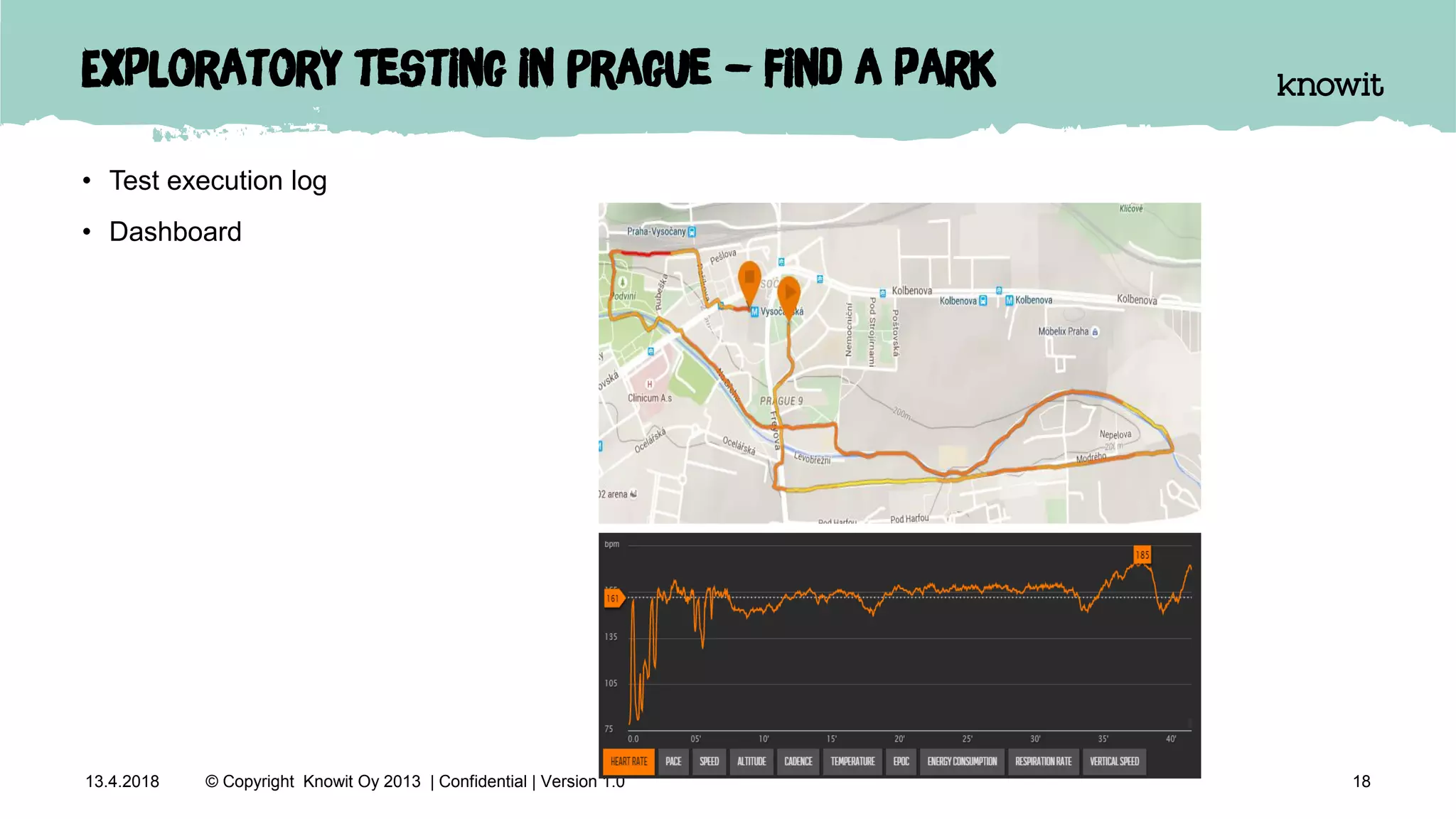 Exploratory testing in Prague – find a park
• Test execution log
• Dashboard
1813.4.2018 © Copyright Knowit Oy 2013 | Confidential | Version 1.0
 