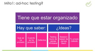 Mito1: ad-hoc testing?



       Tiene que estar organizado

       Hay que saber:                       ¿Ideas?
                                       Testing  Session-
       Que se    Cuando
                                      tours de based de Tu propio
          ha      se ha    Defectos
                                       James     James   método
       probado   probado
                                      Whittaker   Bach
 