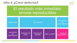 Mito 4: ¿Crear defectos?

          El resultado más inmediato:
              errores reproducibles
                                                                    Información a
   ¿Explorando?                   Herramientas                           los
                                                                   desarrolladores




    ¿que hacían
                   Grabación de   Capturas de                       …adopta un
        los                                      ¿lápiz y papel?
                      vídeo        pantalla                        desarrollador 
   exploradores?
 