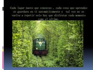 Cada lugar nuevo que conozcas , cada cosa que aprendas
  se guardara en ti automáticamente y tal vez no se
 vuelva a repetir solo hay que disfrutar cada momento
                    como el ultimo.
 