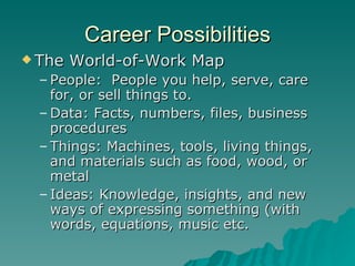 Career Possibilities
 The   World-of-Work Map
  – People: People you help, serve, care
    for, or sell things to.
  – Data: Facts, numbers, files, business
    procedures
  – Things: Machines, tools, living things,
    and materials such as food, wood, or
    metal
  – Ideas: Knowledge, insights, and new
    ways of expressing something (with
    words, equations, music etc.
 