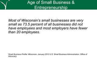 Most of Wisconsin’s small businesses are very
small as 73.5 percent of all businesses did not
have employees and most employers have fewer
than 20 employees.
Small Business Profile: Wisconsin, January 2012 U.S. Small Business Administration, Office of
Advocacy
Age of Small Business &
Entrepreneurship
 