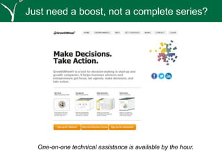 The critical things you MUST do
to launch and sustain a business.
• Improve the skill sets needed to run an entrepreneurial firm
or small business.
• Identify your business model and create a business plan.
• Select your Team.
• Determine your financial plan.
• Start selling ASAP!
 
