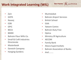 Work Integrated Learning (WIL)
• Zain
• GOYS
• Naseej
• EDB
• GPIC
• BECA
• BMMI
• Bahrain Flour Mills Co.
• Small & Craft Industries
Directorate
• Masterbook
• Darwish Company
• Hanging Gardens
• Mumtalakat
• Bahrain Airport Services
• British School
• GAA
• Yateem Centre
• Bahrain Duty Free
• Optica
• Ministry Of Agriculture
• AECOM
• Family Bank
• Alosra Supermarkets
• Bahrain Association of Banks
• And ……..
 