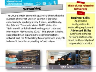 The 2009 Bahrain Economic Quarterly shows that the
number of Internet users in Bahrain is growing
exponentially, doubling every 2 years. Additionally,
the Bahrain “Economic Vision 2030” states that
“Bahrain will be fully linked to the global trade and
information highways by 2030.” This growth is being
supported by an expanding telecommunications
network and the Networking Major positions students
to benefit from this expanding infrastructure.
25
A networking project CCNA NetRiders
Think of Jobs related to
Networking
Beginner Skills:
Apply basic
configuration to
networking equipment
Advanced Skills:
Justify and enhance
network performance
based on the analysis of
appropriate statistics
 