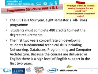 • The BICT is a four year, eight semester (Full-Time)
programme
• Students must complete 480 credits to meet the
degree requirements.
• The first two years concentrate on developing
students fundamental technical skills including
Networking, Databases, Programming and Computer
Architecture. Because the courses are delivered in
English there is a high level of English support in the
first two years.
8
What type of skills do students
develop during the first and
second year?
When do students choose their
major?
 