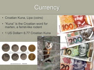 Currency
• Croatian Kuna, Lipa (coins)
• “Kuna” is the Croatian word for
marten, a ferret-like rodent
• 1 US Dollar= 6.77 Croatian Kuna
 