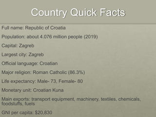 Country Quick Facts
Full name: Republic of Croatia
Population: about 4.076 million people (2019)
Capital: Zagreb
Largest city: Zagreb
Official language: Croatian
Major religion: Roman Catholic (86.3%)
Life expectancy: Male- 73, Female- 80
Monetary unit: Croatian Kuna
Main exports: transport equipment, machinery, textiles, chemicals,
foodstuffs, fuels
GNI per capita: $20,830
 