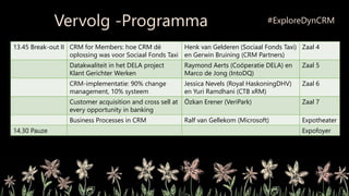 13.45 Break-out II CRM for Members: hoe CRM dé
oplossing was voor Sociaal Fonds Taxi
Henk van Gelderen (Sociaal Fonds Taxi)
en Gerwin Bruining (CRM Partners)
Zaal 4
Datakwaliteit in het DELA project
Klant Gerichter Werken
Raymond Aerts (Coöperatie DELA) en
Marco de Jong (IntoDQ)
Zaal 5
CRM-implementatie: 90% change
management, 10% systeem
Jessica Nevels (Royal HaskoningDHV)
en Yuri Ramdhani (CTB xRM)
Zaal 6
Customer acquisition and cross sell at
every opportunity in banking
Özkan Erener (VeriPark) Zaal 7
Business Processes in CRM Ralf van Gellekom (Microsoft) Expotheater
14.30 Pauze Expofoyer
Vervolg -Programma #ExploreDynCRM
 