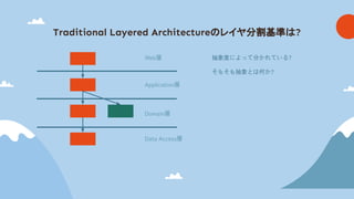 Traditional Layered Architecture レイヤ分割基準 ?
抽象度によって分かれている?
そもそも抽象とは何か?
Web層
Application層
Domain層
Data Access層
 