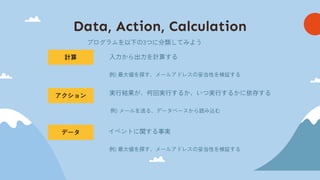 Data, Action, Calculation
計算
アクション
データ
実行結果が、何回実行するか、いつ実行するかに依存する
入力から出力を計算する
イベントに関する事実
例) メールを送る、データベースから読み込む
例) 最大値を探す、メールアドレスの妥当性を検証する
例) 最大値を探す、メールアドレスの妥当性を検証する
プログラムを以下の3つに分類してみよう
 