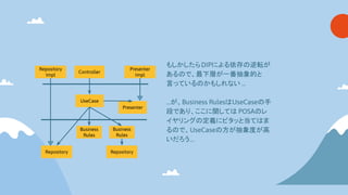 Controller
Repository
UseCase
Presenter
Business
Rules
Repository
Business
Rules
Repository
Impl
Presenter
Impl
もしかしたらDIPによる依存 逆転が
ある で、最下層が一番抽象的と
言っている かもしれない …
…が、Business Rules UseCase 手
段であり、ここに関して POSA レ
イヤリング 定義にピタッと当て ま
る で、UseCase 方が抽象度が高
いだろう…
 