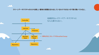 クリーンアーキテクチャ DIP 新しい意味 段階を生み出しているわけで ない で取り除いてみると…
Controller
Repository
UseCase
Presenter
Business
Rules
伝統的なレイヤードアーキテクチャと
なんら変わらない。
Repository
Business
Rules
← 大事なのはこのレイヤのStratified Design
 