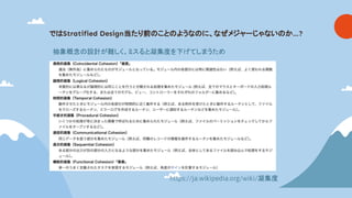 で Stratified Design当たり前 こと ような に、なぜメジャーじゃない か…?
https://ja.wikipedia.org/wiki/凝集度
抽象概念 設計が難しく、ミスると凝集度を下げてしまうため
 