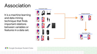 Association
It is a machine learning
and data mining
technique that finds
important relations
between variables or
features in a data set.
 