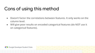 ● Doesn’t factor the correlations between features. It only works on the
column level.
● Will give poor results on encoded categorical features (do NOT use it
on categorical features).
Cons of using this method
 