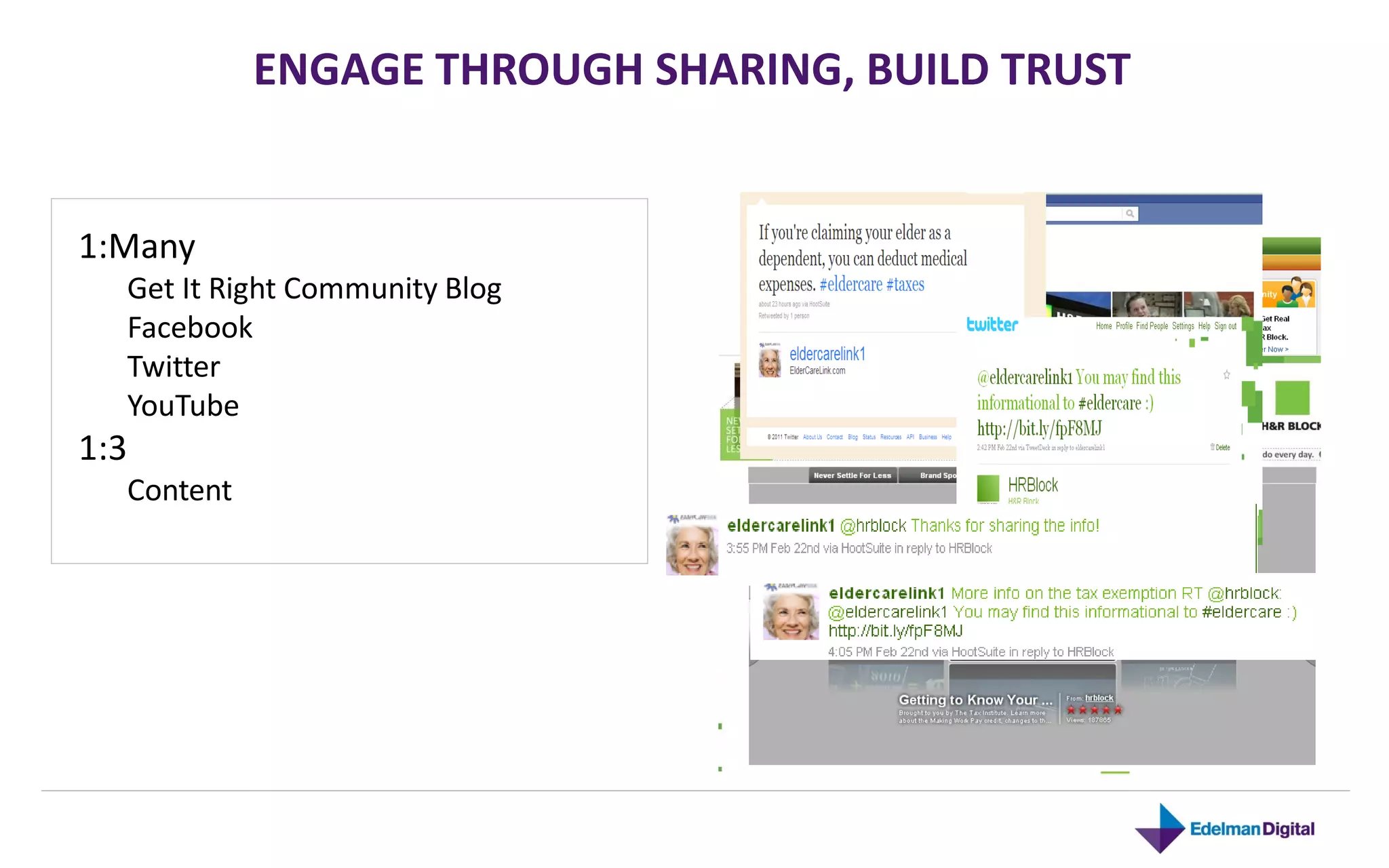 ENGAGE THROUGH SHARING, BUILD TRUST


1:Many
  Get It Right Community Blog
  Facebook
  Twitter
  YouTube
1:3
  Content
 