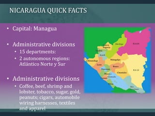 NICARAGUA QUICK FACTS
• Capital: Managua
• Administrative divisions
• 15 departments:
• 2 autonomous regions:
Atlántico Norte y Sur
• Administrative divisions
• Coffee, beef, shrimp and
lobster, tobacco, sugar, gold,
peanuts; cigars, automobile
wiring harnesses, textiles
and apparel
 