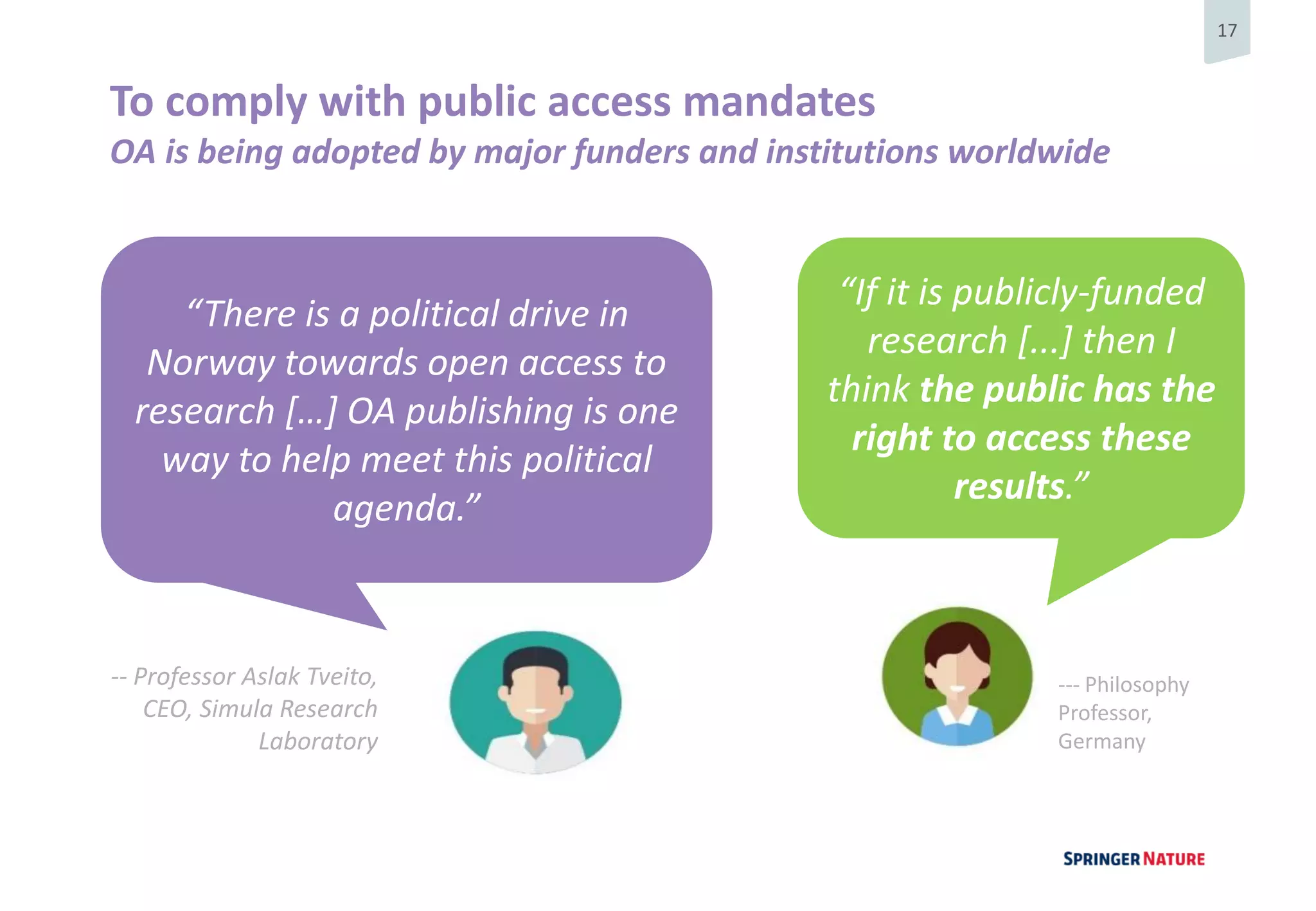 17
To comply with public access mandates
OA is being adopted by major funders and institutions worldwide
“There is a political drive in
Norway towards open access to
research […] OA publishing is one
way to help meet this political
agenda.”
-- Professor Aslak Tveito,
CEO, Simula Research
Laboratory
“If it is publicly-funded
research [...] then I
think the public has the
right to access these
results.”
--- Philosophy
Professor,
Germany
 