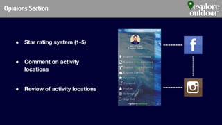 Opinions Section
● Star rating system (1-5)
● Comment on activity
locations
● Review of activity locations
--------
--------
-----------
 