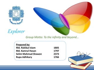 Explorer
Group Motto: To the infinity and beyond…
Prepared by:
Md. Rakibul Islam 1805
Md. Kamrul Hasan 1797
Selim Mahmud Shawon 2373
Rupa Adhikary 1766
 