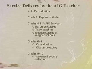 Service Delivery by the AIG TeacherK-2: ConsultationGrade 3: Explorers ModelGrades 4 & 5: AIG ServicesResource classes