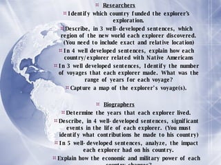 Researchers Identify which country funded the explorer’s exploration. Describe, in 3 well-developed sentences, which region of the new world each explorer discovered. (You need to include exact and relative location) In 4 well developed sentences, explain how each country/explorer related with Native Americans In 3 well developed sentences, Identify the number of voyages that each explorer made. What was the range of years for each voyage? Capture a map of the explorer's voyage(s). Biographers Determine the years that each explorer lived. Describe, in 4 well-developed sentences, significant events in the life of each explorer. (You must identify what contributions he made to his country) In 5 well-developed sentences, analyze, the impact each explorer had on his country. Explain how the economic and military power of each country changes? Describe how the country benefits from the voyage? Elaborate on the new wealth brought to the country. Capture a picture of each explorer 