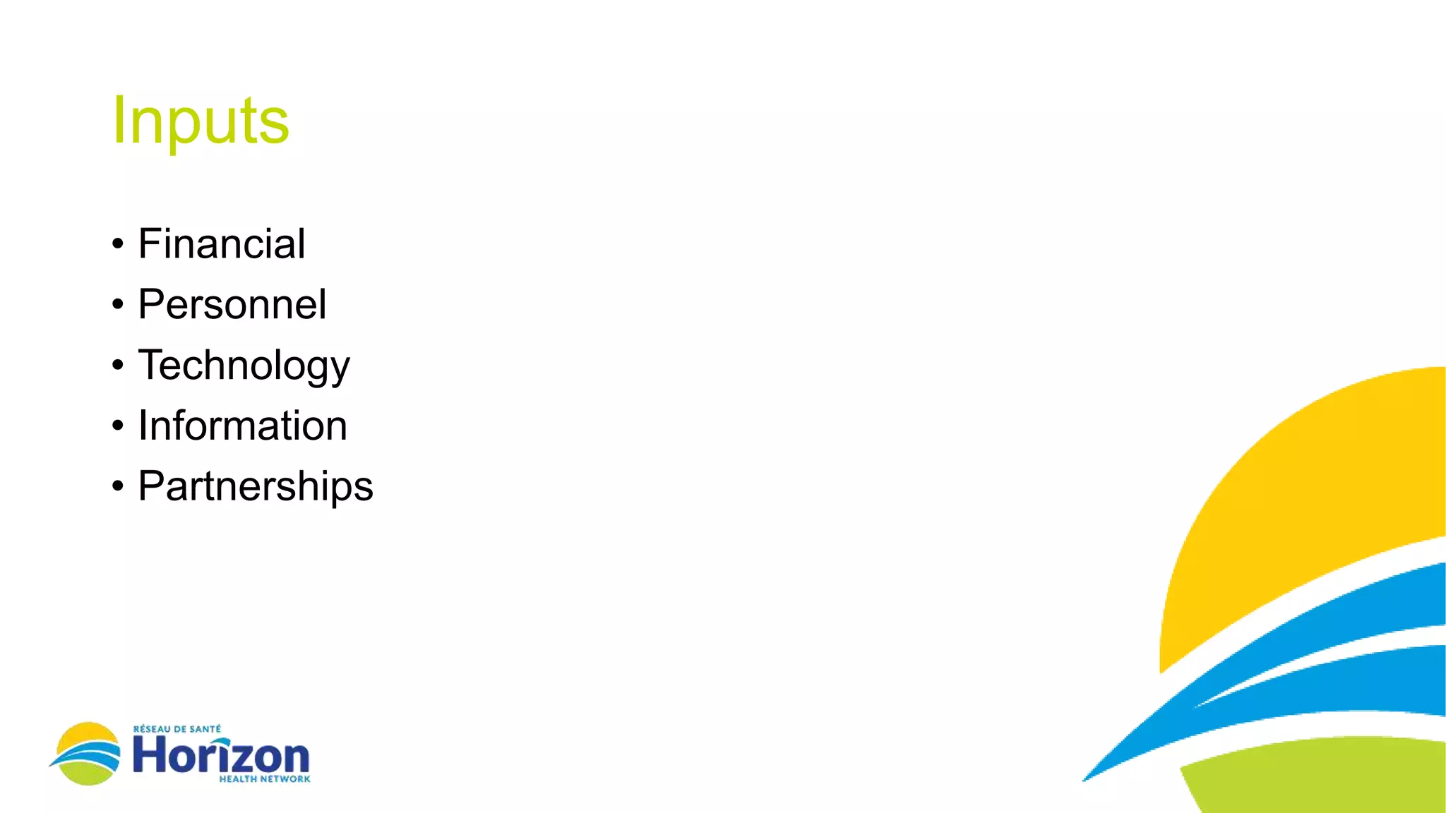 Inputs
• Financial
• Personnel
• Technology
• Information
• Partnerships
 