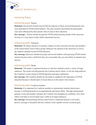 Target Audiences


Intervening Publics

Intervening public: Parents
Rationale: Our pooled research showed that the majority of those surveyed had parents who
were interested in STEM-related subjects. The same research showed that the participants
were most influenced by their parents when it came to their education.
Key message: : Parents should incorporate STEM-related learning outside of the classroom
because it is a key factor in their child’s educational success.


Intervening public: Educators
Rationale: We define educators as teachers, leaders of extra curricular activities and members
of the school board. Each of these groups influences the material in the classroom as well as
the student’s attitudes toward STEM education.
Key message: Educators should encourage and reward students when pursuing STEM-related
interests because when a child feels they have succeeded, they are more likely to maintain that
interest.

Intervening public: Media
Rationale: The media is important because it is the best method to reach a variety of target
audiences. The media will help promote the Coalition and its efforts. It will also help publicize
the Coalition’s events related to STEM education and space exploration.
Key message: The Coalition should use the media to emphasize the importance of STEM
education because it should report on issues that are in the nation’s best interest.


Intervening public: Coalition members
Rationale: It is important for Coalition members to demonstrate internal cohesiveness
because it will help promote its accomplishments and future efforts. Through informational
packets, events and member outreach, the Coalition will strengthen its credibility. Also, these
efforts will make its involvement more visible to its target audiences.
Key message: Demonstrating internal cohesiveness is important because it will send a
positive message to the public that the Coalition works together toward a common goal.




                                                                                                  36
 