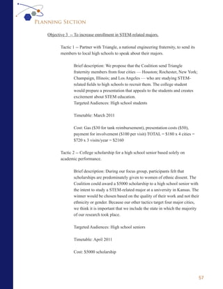 Planning Section

    Objective 3 -- To increase enrollment in STEM-related majors.

           Tactic 1 -- Partner with Triangle, a national engineering fraternity, to send its
           members to local high schools to speak about their majors.

                  Brief description: We propose that the Coalition send Triangle
                  fraternity members from four cities — Houston; Rochester, New York;
                  Champaign, Illinois; and Los Angeles — who are studying STEM-
                  related fields to high schools to recruit them. The college student
                  would prepare a presentation that appeals to the students and creates
                  excitement about STEM education.
                  Targeted Audiences: High school students

                  Timetable: March 2011

                  Cost: Gas ($30 for tank reimbursement), presentation costs ($50),
                  payment for involvement ($100 per visit) TOTAL = $180 x 4 cities =
                  $720 x 3 visits/year = $2160

           Tactic 2 -- College scholarship for a high school senior based solely on
           academic performance.

                  Brief description: During our focus group, participants felt that
                  scholarships are predominately given to women of ethnic dissent. The
                  Coalition could award a $5000 scholarship to a high school senior with
                  the intent to study a STEM-related major at a university in Kansas. The
                  winner would be chosen based on the quality of their work and not their
                  ethnicity or gender. Because our other tactics target four major cities,
                  we think it is important that we include the state in which the majority
                  of our research took place.

                  Targeted Audiences: High school seniors

                  Timetable: April 2011

                  Cost: $5000 scholarship




                                                                                               57
 