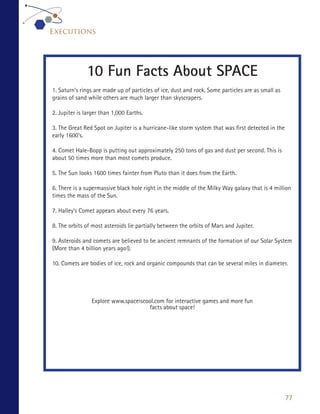 Executions




              10 Fun Facts About SPACE
1. Saturn’s rings are made up of particles of ice, dust and rock. Some particles are as small as
grains of sand while others are much larger than skyscrapers.

2. Jupiter is larger than 1,000 Earths.

3. The Great Red Spot on Jupiter is a hurricane-like storm system that was first detected in the
early 1600’s.

4. Comet Hale-Bopp is putting out approximately 250 tons of gas and dust per second. This is
about 50 times more than most comets produce.

5. The Sun looks 1600 times fainter from Pluto than it does from the Earth.

6. There is a supermassive black hole right in the middle of the Milky Way galaxy that is 4 million
times the mass of the Sun.

7. Halley’s Comet appears about every 76 years.

8. The orbits of most asteroids lie partially between the orbits of Mars and Jupiter.

9. Asteroids and comets are believed to be ancient remnants of the formation of our Solar System
(More than 4 billion years ago!).

10. Comets are bodies of ice, rock and organic compounds that can be several miles in diameter.




                Explore www.spaceiscool.com for interactive games and more fun
                                     facts about space!




                                                                                                   77
 