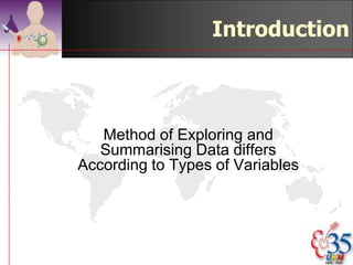 Introduction



   Method of Exploring and
   Summarising Data differs
According to Types of Variables




                        ©drtamil@gmail.com 2012
 