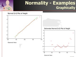 Q&Q Plot

4 This  plot compares the quintiles of a data
  distribution with the quintiles of a standardised
  theoretical distribution from a specified family
  of distributions (in this case, the normal
  distribution).
4 If the distributional shapes differ, then the
  points will plot along a curve instead of a line.
4 Take note that the interest here is the central
  portion of the line, severe deviations means
  non-normality. Deviations at the “ends” of the
  curve signifies the existence of outliers.

                                      ©drtamil@gmail.com 2012
 