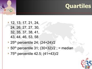 Measures of variation -
                          quartiles

4 The range is very susceptible to what
 are known as outliers
4A more robust approach is to divide the
 distribution of the data into four, and find
 the points below which are 25%, 50%
 and 75% of the distribution. These are
 known as quartiles, and the median is
 the second quartile.
                                  ©drtamil@gmail.com 2012
 