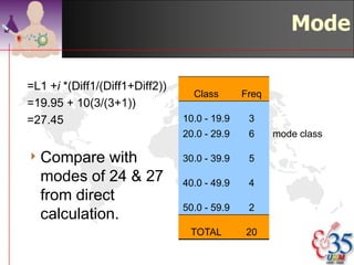 Median

  Class       Freq                  4   L1 +i *((n+1)/2) – f1
                                                   fmed
10.0 - 19.9    3                    4   f1 = cumulative freq
                                        above median class
20.0 - 29.9    6
                                    4   29.95 + 10((21/2)-9)
30.0 - 39.9    5     median class
                                                       5
40.0 - 49.9    4
                                    4   29.95 + 15/5 = 32.95
                                    4   From direct calculation,
50.0 - 59.9    2                        median = 31

 TOTAL        20
                                                   ©drtamil@gmail.com 2012
 