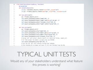 TYPICAL UNITTESTS
Would any of your stakeholders understand what feature
this proves is working?
 