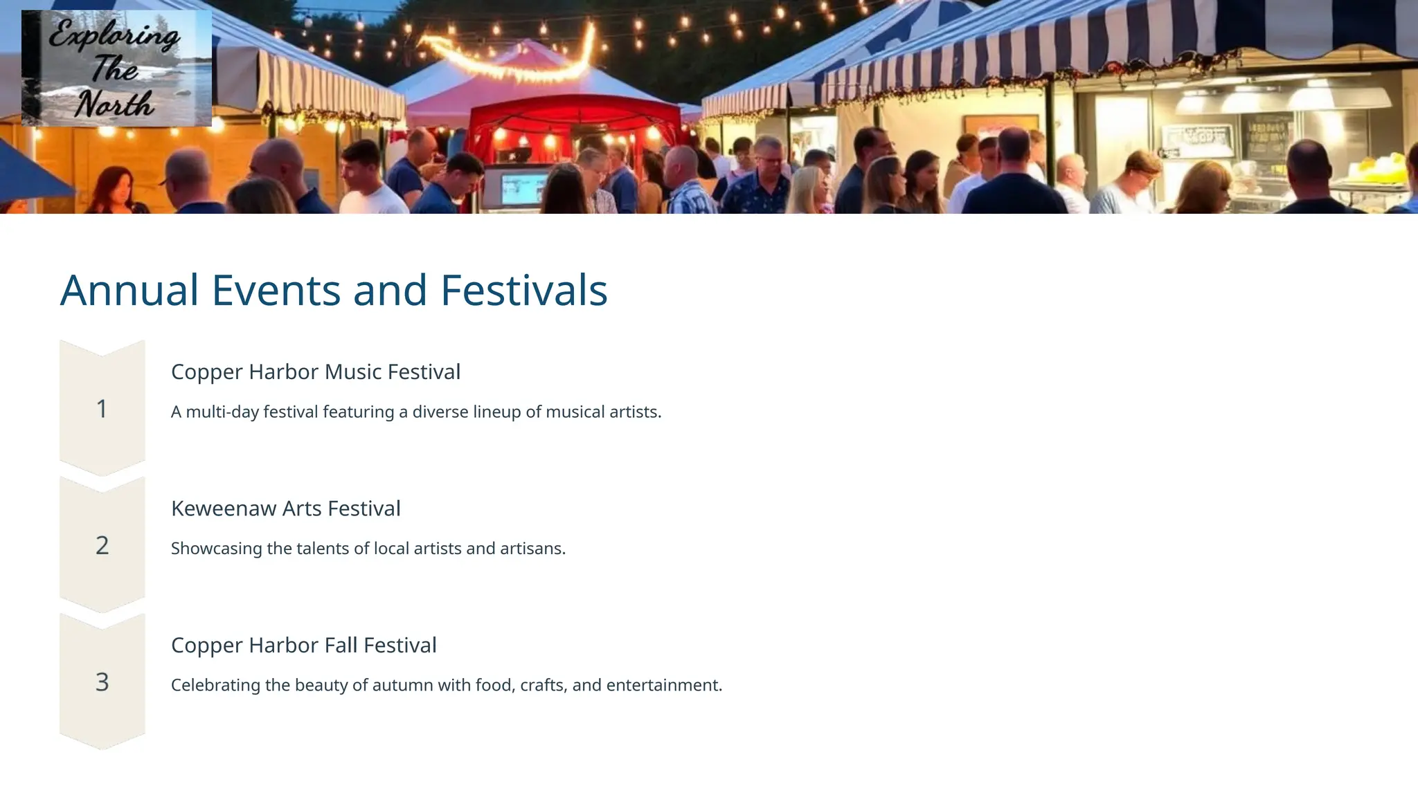 Annual Events and Festivals
Copper Harbor Music Festival
A multi-day festival featuring a diverse lineup of musical artists.
Keweenaw Arts Festival
Showcasing the talents of local artists and artisans.
Copper Harbor Fall Festival
Celebrating the beauty of autumn with food, crafts, and entertainment.
 