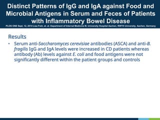 Distinct Patterns of IgG and IgA against Food and
Microbial Antigens in Serum and Feces of Patients
with Inflammatory Bowel Disease
PLOS ONE Sept, 12, 2014 Lisa Freh, et. al. Department of Internal Medicine III, University Hospital Aachen, RWTH University, Aachen, Germany
Results
• Serum anti-Saccharomyces cerevisiae antibodies (ASCA) and anti-B.
fragilis IgG and IgA levels were increased in CD patients whereas
antibody (Ab) levels against E. coli and food antigens were not
significantly different within the patient groups and controls
 