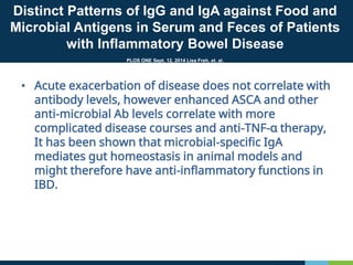 Distinct Patterns of IgG and IgA against Food and
Microbial Antigens in Serum and Feces of Patients
with Inflammatory Bowel Disease
PLOS ONE Sept, 12, 2014 Lisa Freh, et. al.
• Acute exacerbation of disease does not correlate with
antibody levels, however enhanced ASCA and other
anti-microbial Ab levels correlate with more
complicated disease courses and anti-TNF-α therapy,
It has been shown that microbial-specific IgA
mediates gut homeostasis in animal models and
might therefore have anti-inflammatory functions in
IBD.
 