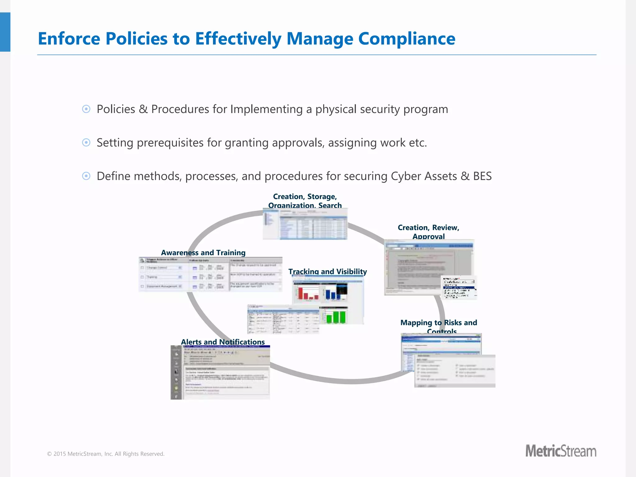 © 2015 MetricStream, Inc. All Rights Reserved.
Enforce Policies to Effectively Manage Compliance
Creation, Storage,
Organization, Search
Creation, Review,
Approval
Mapping to Risks and
Controls
Alerts and Notifications
Awareness and Training
Tracking and Visibility
 Policies & Procedures for Implementing a physical security program
 Setting prerequisites for granting approvals, assigning work etc.
 Define methods, processes, and procedures for securing Cyber Assets & BES
 