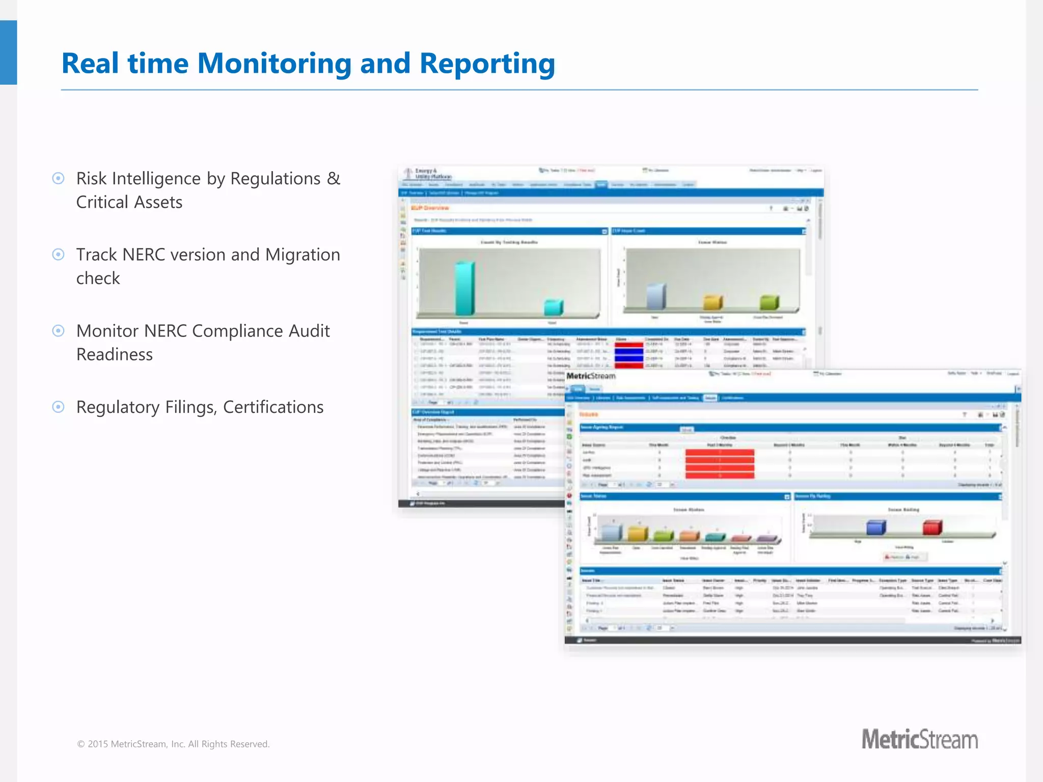 © 2015 MetricStream, Inc. All Rights Reserved.
Real time Monitoring and Reporting
 Risk Intelligence by Regulations &
Critical Assets
 Track NERC version and Migration
check
 Monitor NERC Compliance Audit
Readiness
 Regulatory Filings, Certifications
 