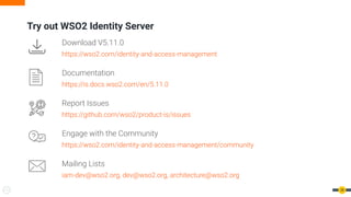 Try out WSO2 Identity Server
38
Download V5.11.0
https://wso2.com/identity-and-access-management
Documentation
https://is.docs.wso2.com/en/5.11.0
Report Issues
https://github.com/wso2/product-is/issues
Engage with the Community
https://wso2.com/identity-and-access-management/community
Mailing Lists
iam-dev@wso2.org, dev@wso2.org, architecture@wso2.org
 