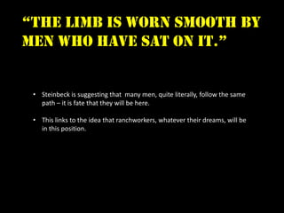 “the limb is worn smooth by
men who have sat on it.”


 • Steinbeck is suggesting that many men, quite literally, follow the same
   path – it is fate that they will be here.

 • This links to the idea that ranchworkers, whatever their dreams, will be
   in this position.
 