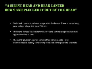“a silent head and beak lanced
down and plucked it out by the head”


  • Steinbeck creates a ruthless image with the heron. There is something
    very sinister about the word ‘silent’.

  • The word ‘lanced’ is another military word symbolising death and an
    aggressive one at that.

  • The word ‘plucked’ creates some rather harsh sounds – it is
    onomatopoeia. Totally contrasting tone and atmosphere to the start.
 